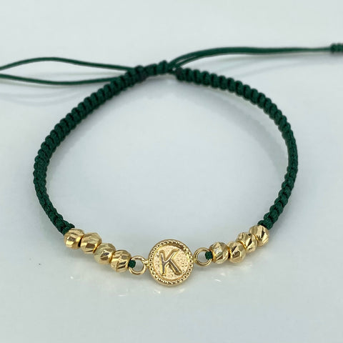 Pulsera tejida Herraje Letra K / BD 8uni 4mm / Hilo Verde Oro amarillo 18k 1 Gr *