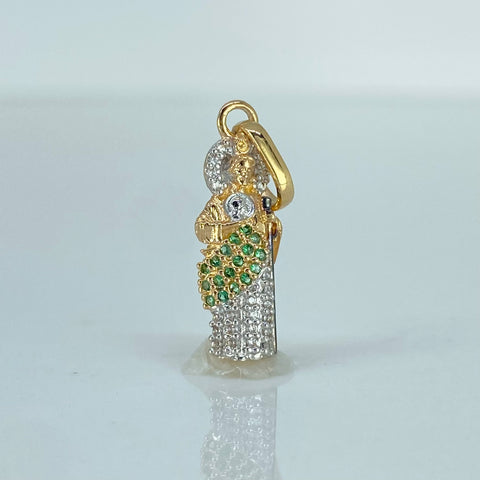 Dije San Judas Circones Blancos Verdes Oro amarillo y Oro blanco 18k 1,35 Gr / 2,4 Cm  *
