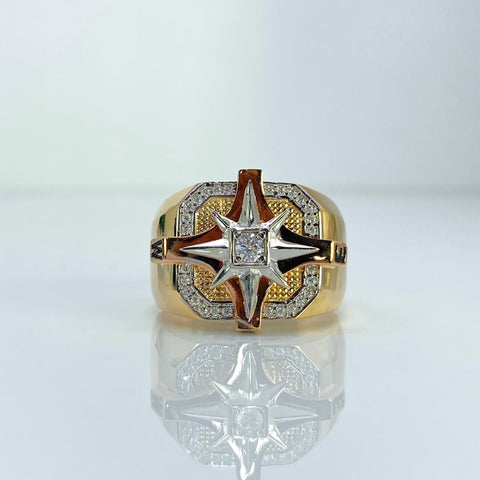 Anillo Brujula Cuadro Circones Blancos Tres oros 18k / Talla 10 / 10 Gr †