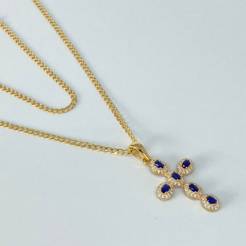 Set Cadena ● Cubana + Dije Cruz Circones Blancos Azules Oro amarillo 18k 3,6 Gr / 2 mm / 45 Cm