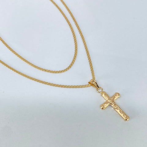 Set Cadena ● China + Dije Cruz Cristo Oro amarillo 18k 4,02 Gr / 1,4 mm / 60 Cm †
