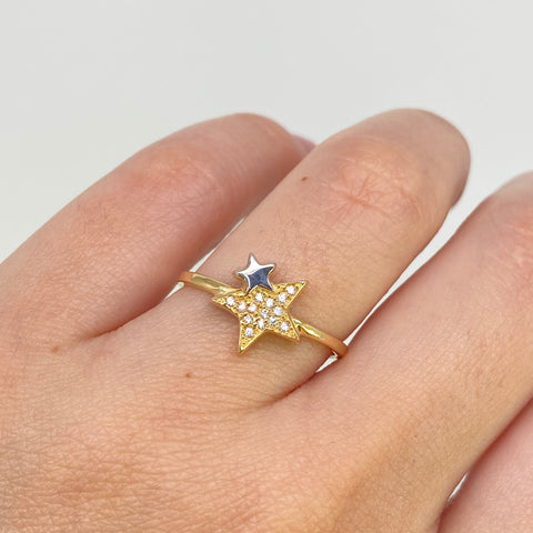 Anillo Estrellas Circones Blancos Oro amarillo y Oro blanco 18k / Talla 7 1/5 / 1,75 Gr