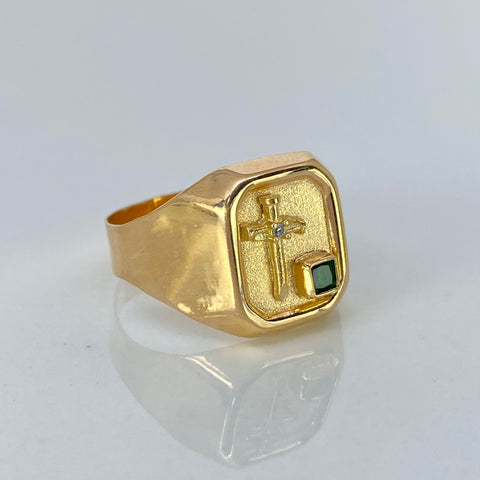 Anillo Sello Cruz CT Circones Blanco Verde Oro amarillo / Talla 10 3/4 / 3,4 Gr †