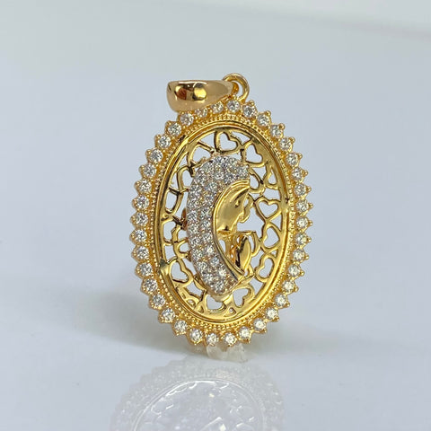 Dije Contorno Virgen Orando Circones Blancos Oro amarillo 18k 4,08 Gr / 3,3 Cm  †