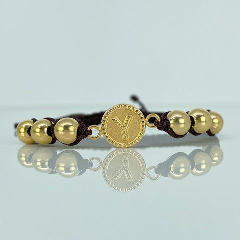 Pulsera tejida Herraje Letra Y / BL 6uni 6mm / Hilo Cafe Oro amarillo 18k 1,8 Gr *
