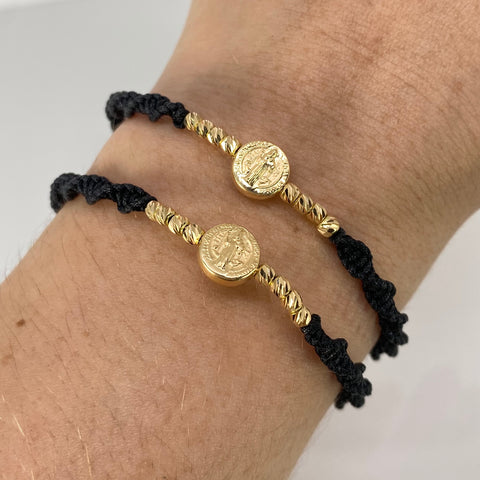 Pulsera tejida Pareja Herraje San Benito / BD 8uni 3mm / Hilo Negro Oro amarillo 1,25 Gr †