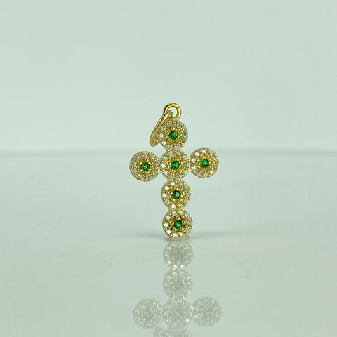 Dije Cruz Circulos Circones Blancos Verdes Oro amarillo 18k 2,15 Gr / 2,8 Cm