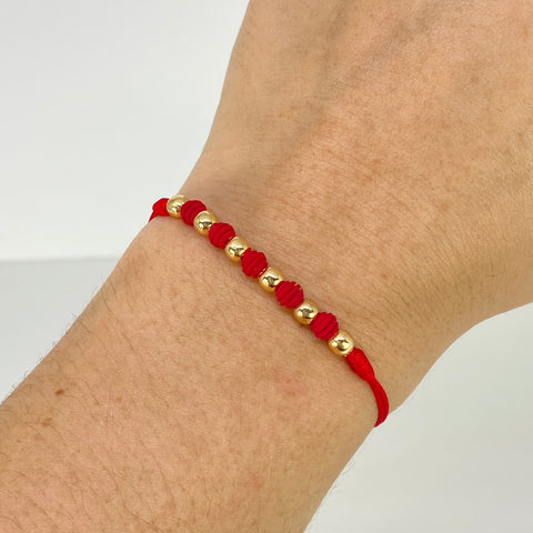 Parejas Pulsera tejida Bolas Lisas 4mm 6uni / Hilo Rojo Neoprenos Oro amarillo 18k 1,18 Gr *