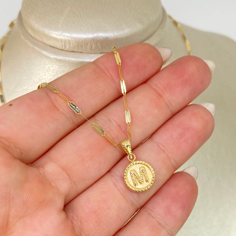 Set Cadena ● Flor Espejo + Dije Letra M Oro amarillo 18k 2,1 Gr / 1,7 mm / 45 Cm †