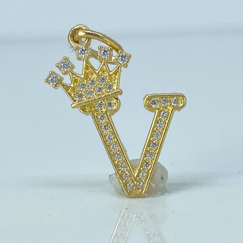 Dije Letra V Corona Circones Blancos Oro amarillo 1,82 Gr / 2,7 Cm *