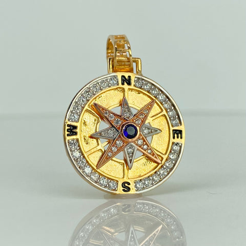 Dije Brujula Circones Blancos Azul Tres oros 18k 10 Gr / 3,8 Cm