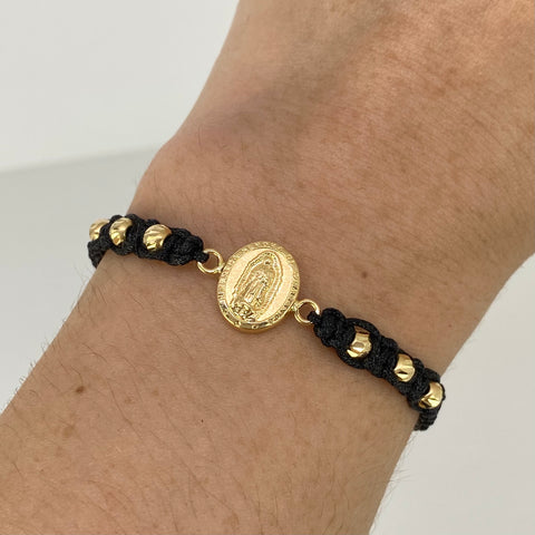 Pulsera tejida Herraje Virgen Guadalupe BD 4mm 6uni Hilo Negro Oro amarillo 18k 1,16 Gr *