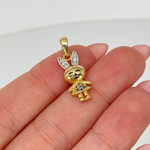 Dije Coneja Circones Blancos Azules Oro amarillo y Oro blanco 18k 1,90 Gr / 2,4 Cm *