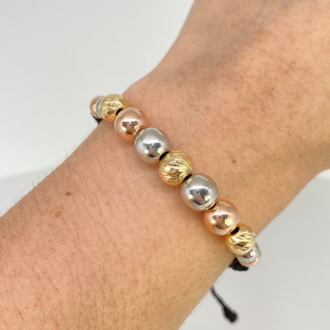 Pulsera tejida Bolas Lisas 8-  6 mm Y Diamantada 8 - 7 mm  Hilo Negro Tres oros 18k 2,97 Gr *