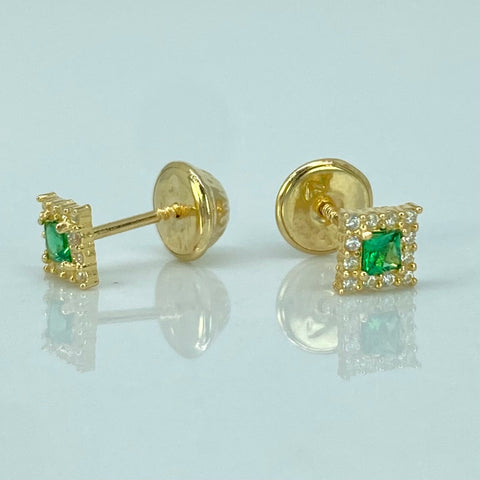 Topos Cuadrado Circones Blancos Verde Oro amarillo 18k 0,7 Gr / 4,3 mm