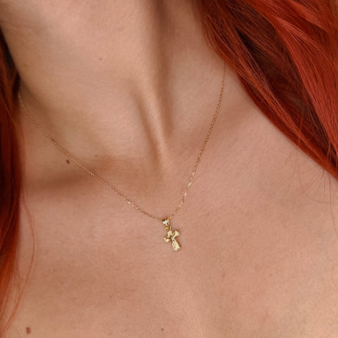 Set Cadena ● Aro Seguido + Dije Cruz Mini Cristo Oro amarillo 18k 1,5 Gr / 1 mm / 45 Cm *