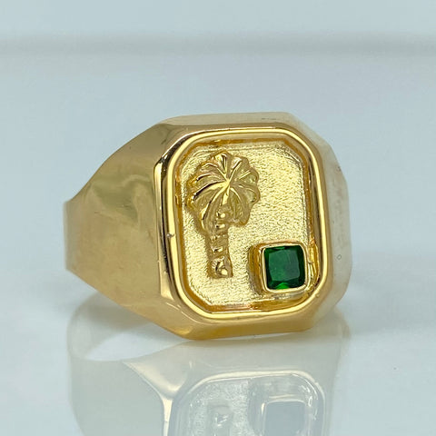 Anillo Sello Palma Circon Verde Oro amarillo 18k / Talla 11 1/2 / 3,53 Gr *