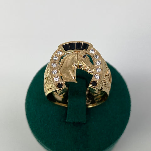 Anillo Herradura Caballo Circones Blancos Y Negros Oro amarillo 18k / Talla 10 1/2 / 7,44 Gr