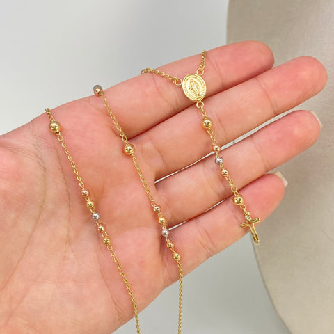 Rosario Balines Lisos Virgen Milagrosa / Cruz Cristo Tres oros 18k 8,90 Gr / 3 mm / 50 Cm †