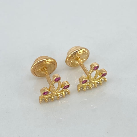 Topos Corona Circones Blancos Fucsias Oro amarillo 18k 0,89 Gr / 6,7 mm  *