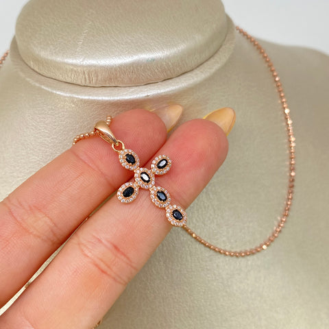 Set Cadena  Militar + Dije Cruz Circones Blancos Negros Oro rosa 18k 5,8 Gr / 1,3 mm / 45 Cm †