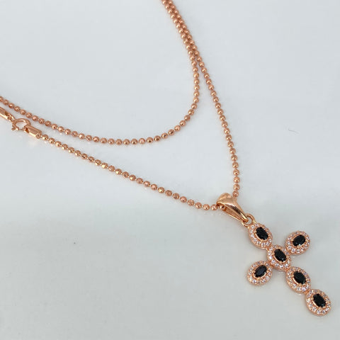 Set Cadena Militar + Dije Cruz Circones Blancos Negros Oro rosa 18k 6 Gr / 1,3 mm / 45 Cm †