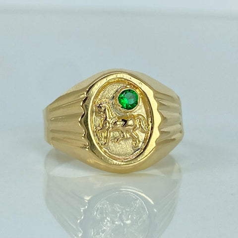 Anillo Sello Caballo Circones Verde Oro amarillo 18k / Talla 11 1/4 / 2,8 Gr †