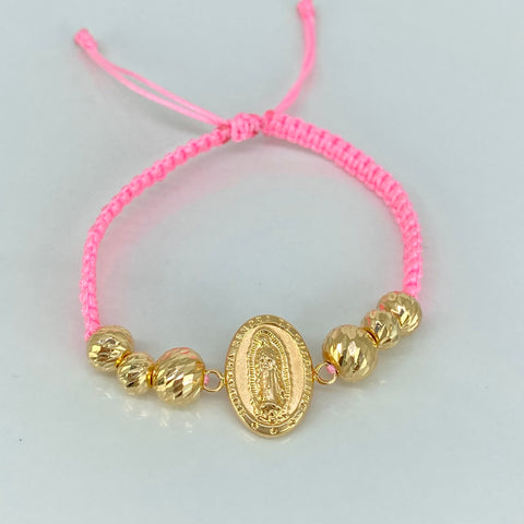 Pulsera tejida Herraje Virgen Guadalupe / BD 6uni 8/7/6mm / Hilo Rosa Oro amarillo 18k 2,47 Gr *