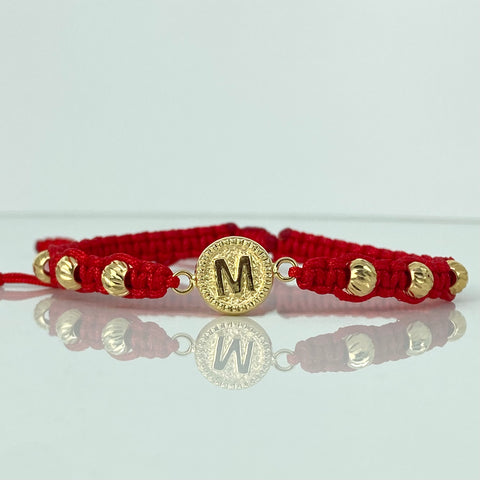 Pulsera tejida Herraje Letra M / BD 6uni 5mm / Hilo Rojo Oro amarillo 18k 1,17 Gr *