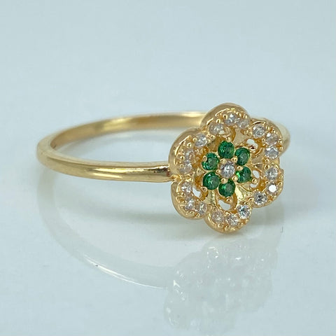 Anillo Flor Circones Blancos Verdes Oro amarillo / Talla 7 / 1,95 Gr