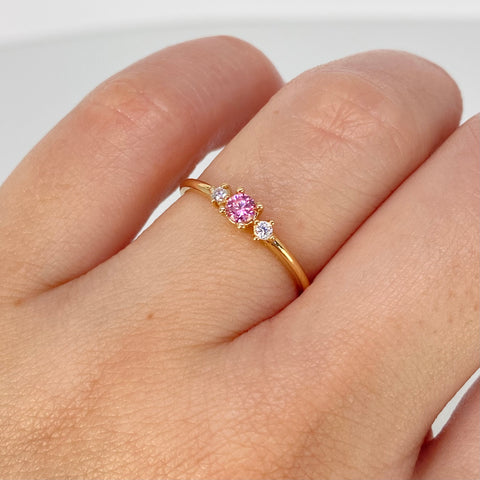 Anillo Solitario Circones Rosas Blancos Oro amarillo / Talla 6 / 1,3 Gr †