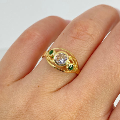 Anillo Troquelado Olas Circon Blanco Verdes Oro amarillo 18k / Talla 8 1/4 / 1,4 Gr