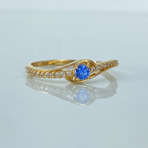 Anillo Solitario Circones Blancos Azul  Oro amarillo / Talla 7 1/4 / 1,72 Gr