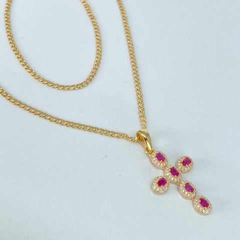Set Cadena ● Cubana + Dije Cruz Circones Blancos Fucsias Oro amarillo 18k 3,65 Gr / 2 mm / 45 Cm