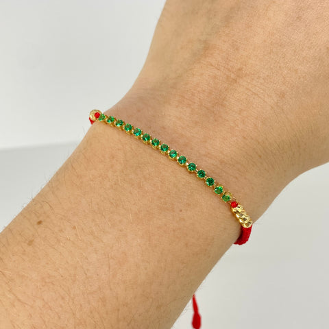 Pulsera tejida Herraje Circones Verdes / BD 8uni 3mm / Hilo Rojo Oro amarillo 1,19 Gr *