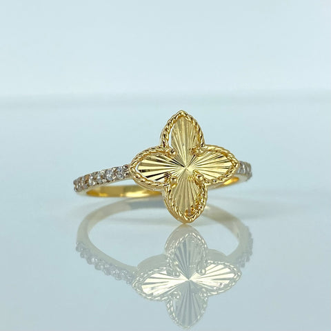 Anillo Trebol Diamanatado Circones Blancos Oro amarillo 18k / Talla 6 1/2 / 2 Gr *