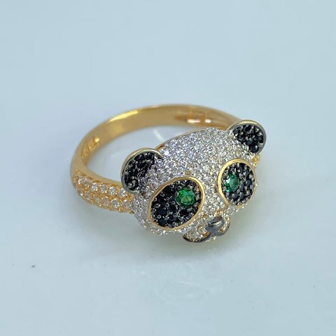Anillo Oso Circones Blancos Negros Verdes Oro amarillo y Oro blanco 18k / Talla 7 1/4 / 4,15 Gr *