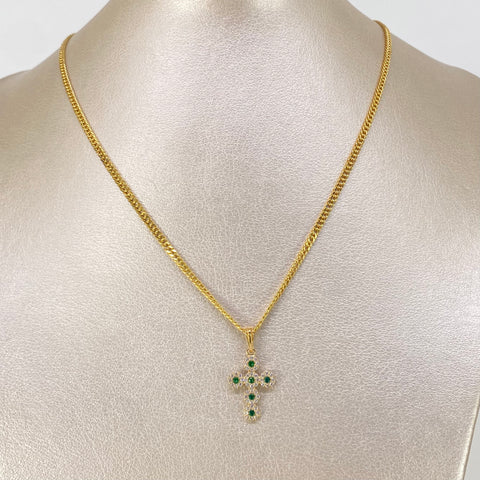 Set Cadena ● Cubana + Dije Cruz Circones Verdes Oro amarillo 18k 4,6 Gr / 2,5 mm / 45 Cm