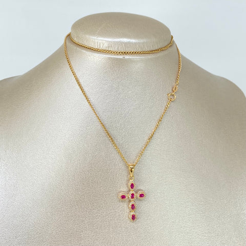 Set Cadena ● Cubana + Dije Cruz Circones Fucsia Oro amarillo 18k 3,2 Gr / 1,6 mm / 50 Cm *