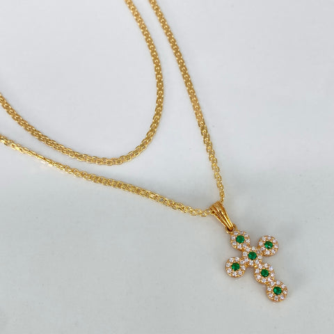 Set Cadena ● China + Dije Cruz Circones Blancos Verdes Oro amarillo 18k 3,65 Gr / 1,7 mm / 50 Cm