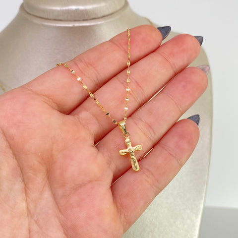 Set Cadena ● Flor Espejo + Dije Cruz Cristo Oro amarillo 18k 1,27 Gr / 1,1 mm / 45 Cm