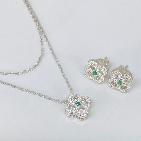 Set Cadena Aro Seguido  + Dije 10Pts Topos 1.8Pts Trebol Esmeraldas Circones  Plata 925 6 Gr / 1,3 mm / 45 Cm *