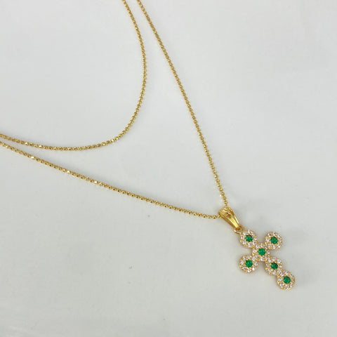 Set Cadena ● Mini Militar + Dije Cruz Circones Verdes Oro amarillo 18k 3,3 Gr / 1 mm / 45 Cm