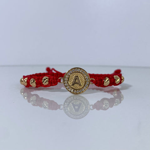 Pulsera tejida Herraje Letra A Circones Blancos / BD 5mm 8uni  / Hilo Rojo Oro amarillo 18k 2,62 Gr *