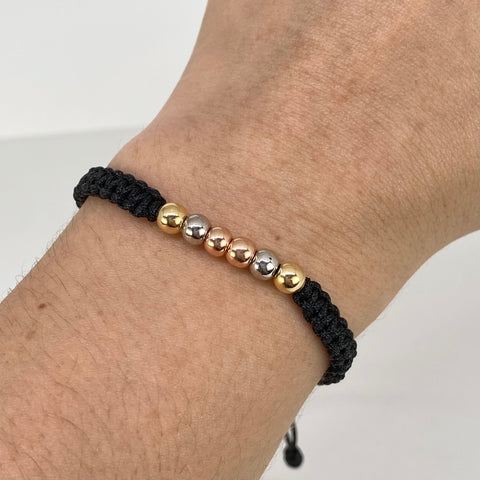 Pulsera tejida Bolas Lisas 6uni 5mm / Hilo Negro Tres oros 18k 0,7 Gr *