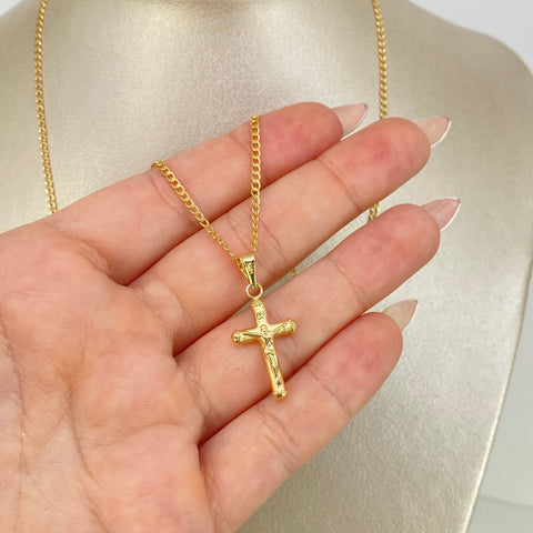 Set Cadena ● Cubana + Dije Cruz Cristo Oro amarillo 18k 2,52 Gr / 2 mm / 50 Cm *