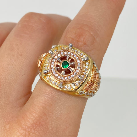 Anillo Timón Girable Circones Verdes Y Blancos Tres oros 18k / Talla 9 3/4 / 10 Gr †