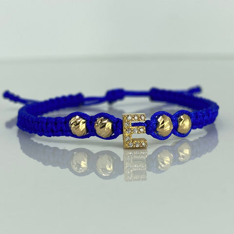 Pulsera tejida Herraje Letra E Circones Blancos / BD 4uni 5mm / Hilo Azul Oro amarillo 18k 1,06 Gr *