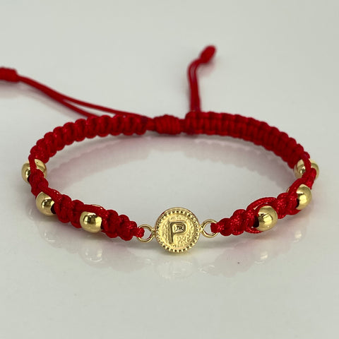 Pulsera tejida Herraje Letra P / BL 6uni 5mm / Hilo Rojo Oro amarillo 18k 1,32 Gr *