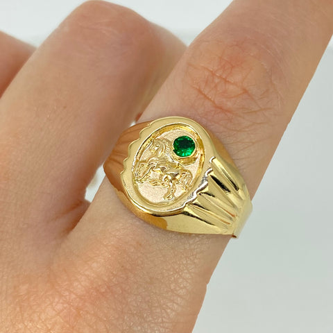 Anillo Sello Caballo Circones Verde Oro amarillo 18k / Talla 11 1/4 / 2,8 Gr †